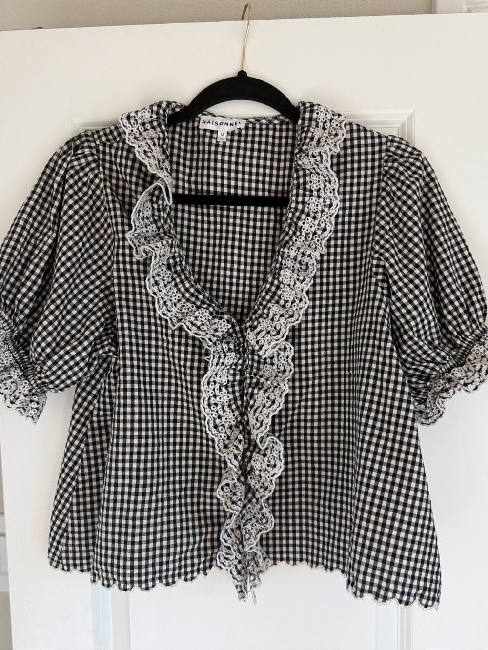 Raisonnel for Anthropologie Black & White Gingham Ruffle Blouse